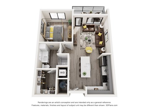 Floor plan for 1 bed, 1 bath, 727 sqft